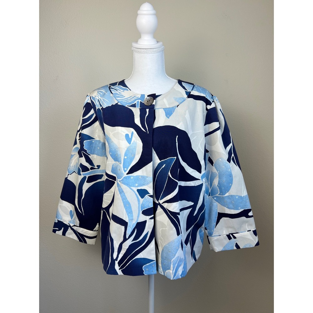 Chicos Blue Floral Lightweight Jacket Silk Blend Sequin Snap Front Size 3 XL